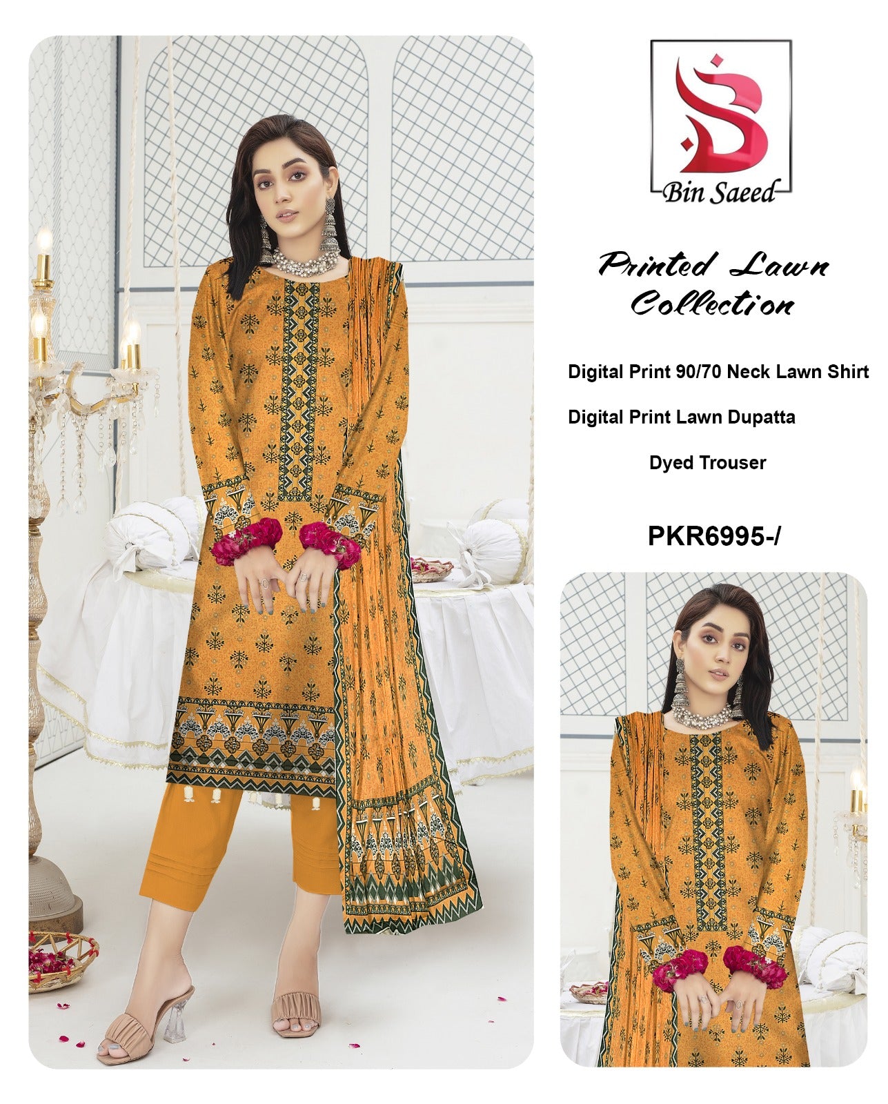 Bin Saeed Printed lawn Three Piece (Unstitched)