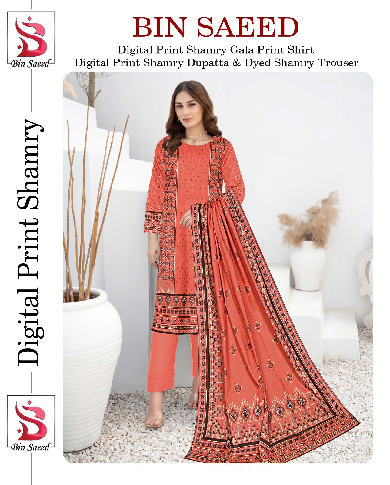 Bin Saeed Printed Shamray Three Piece (Unstitched)