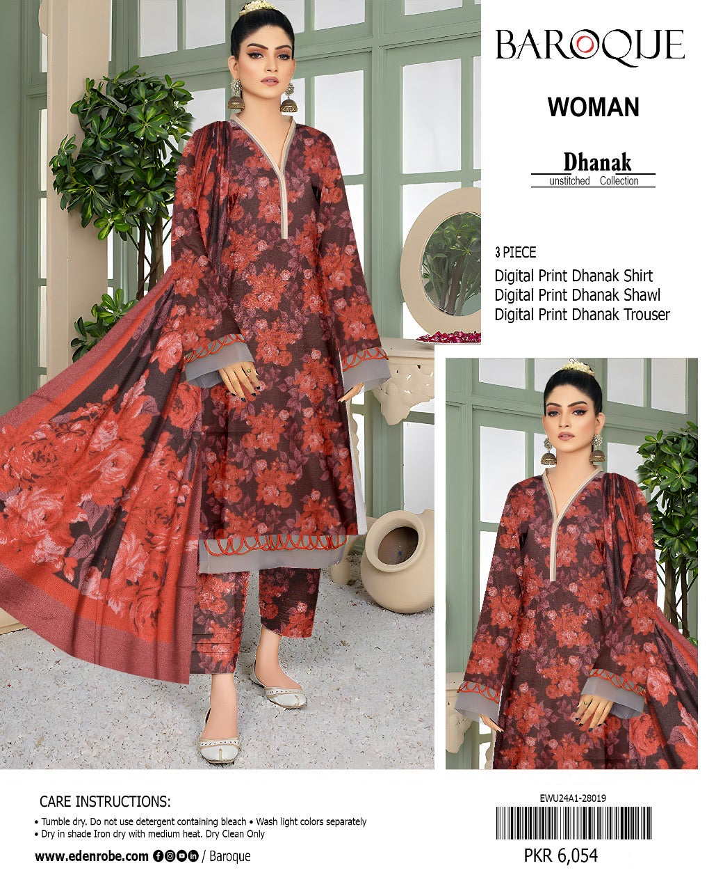 Baroque Printed Dhanak 3 Piece  (Unstitched)