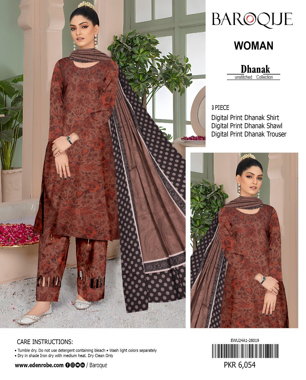 Baroque Printed Dhanak 3 Piece  (Unstitched)