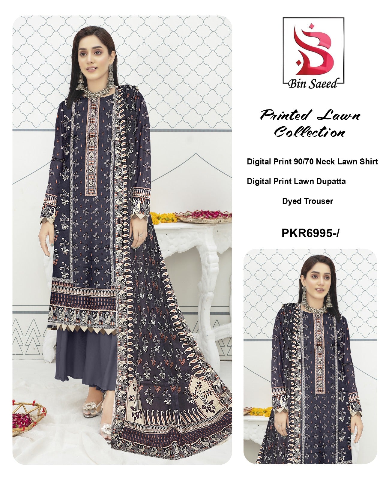 Bin Saeed Printed lawn Three Piece (Unstitched)