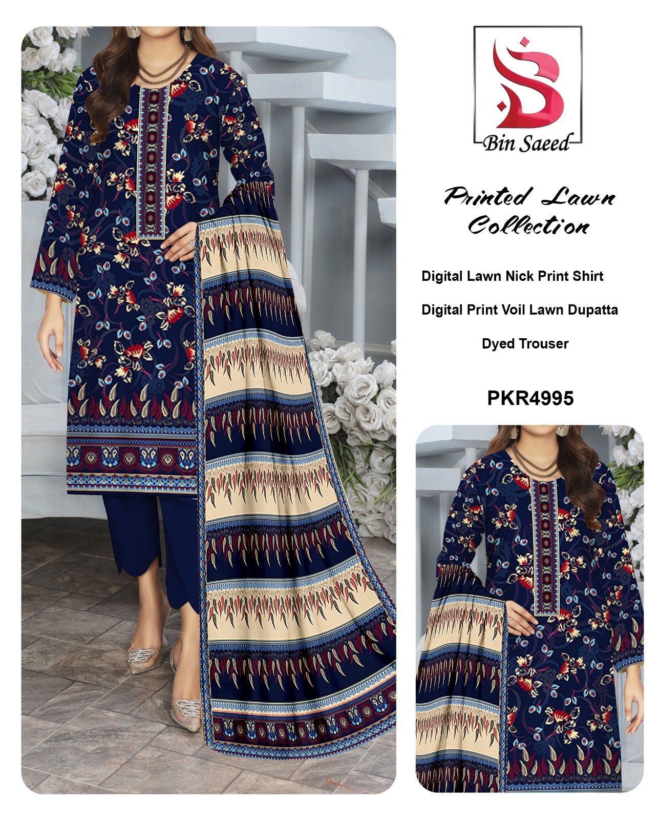 Bin Saeed Printed lawn Three Piece (Unstitched)