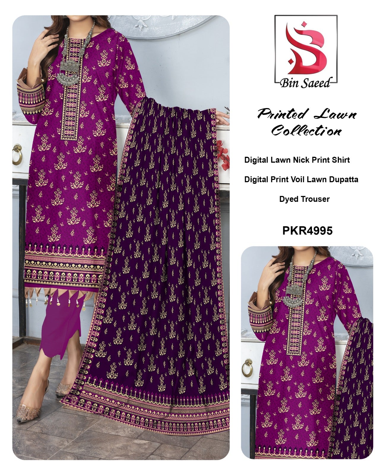 Bin Saeed Printed lawn Three Piece (Unstitched)