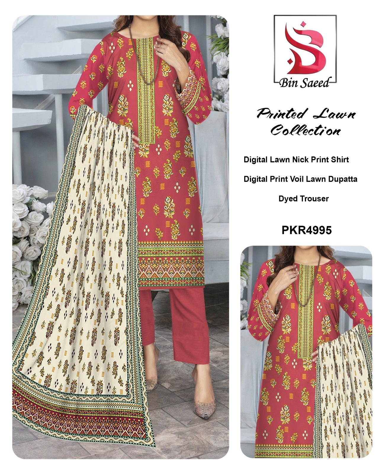 Bin Saeed Printed lawn Three Piece (Unstitched)