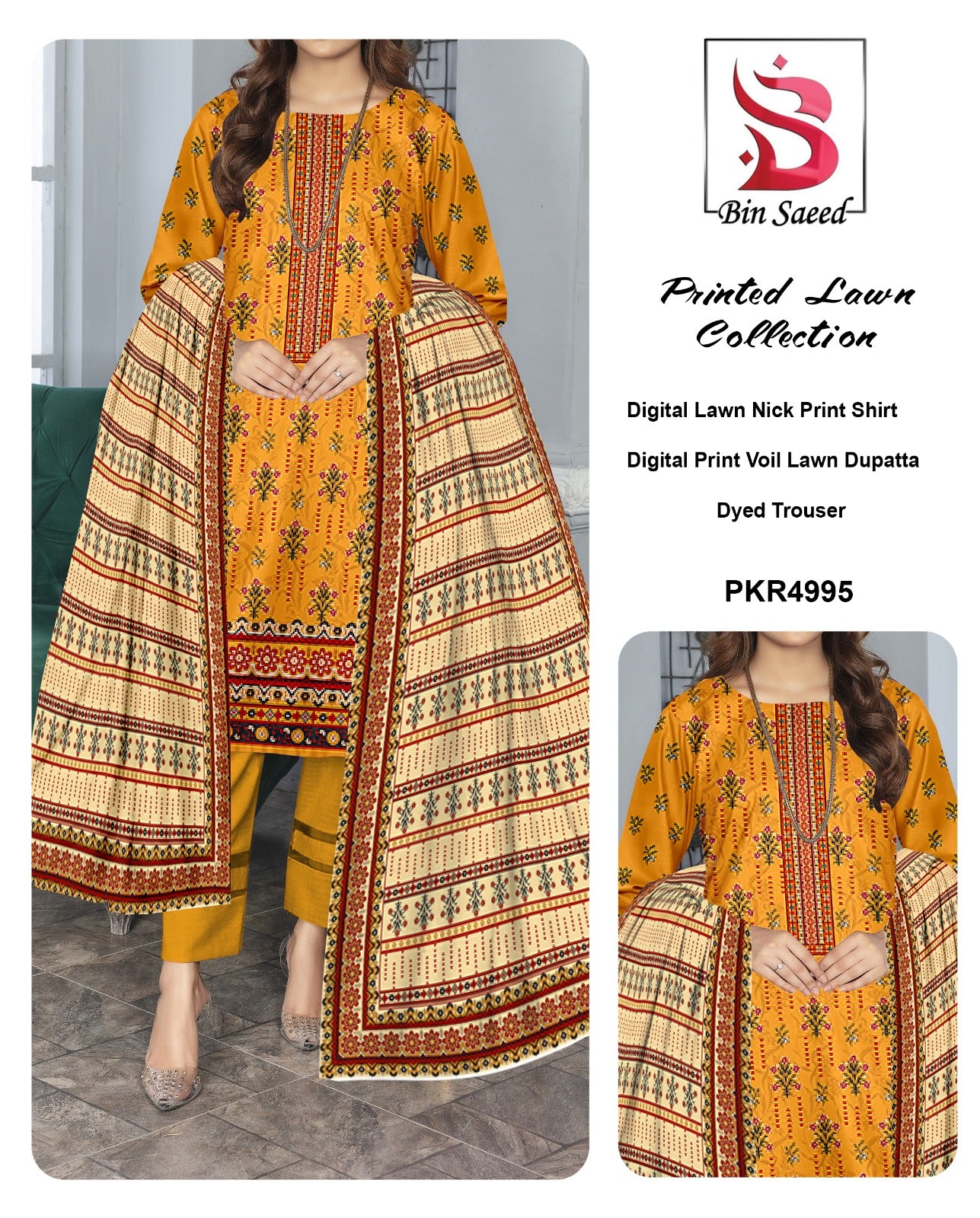 Bin Saeed Printed lawn Three Piece (Unstitched)