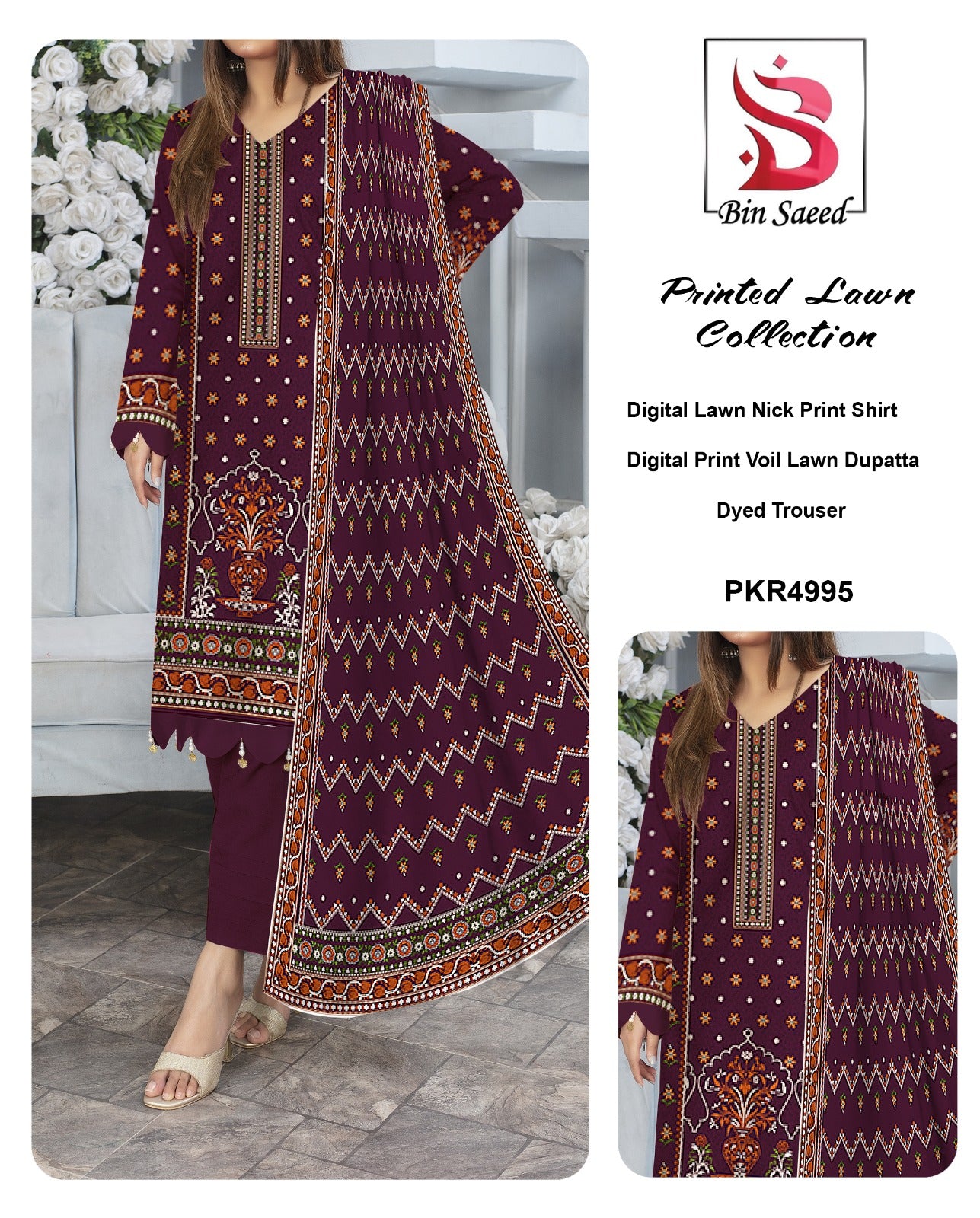 Bin Saeed Printed lawn Three Piece (Unstitched)