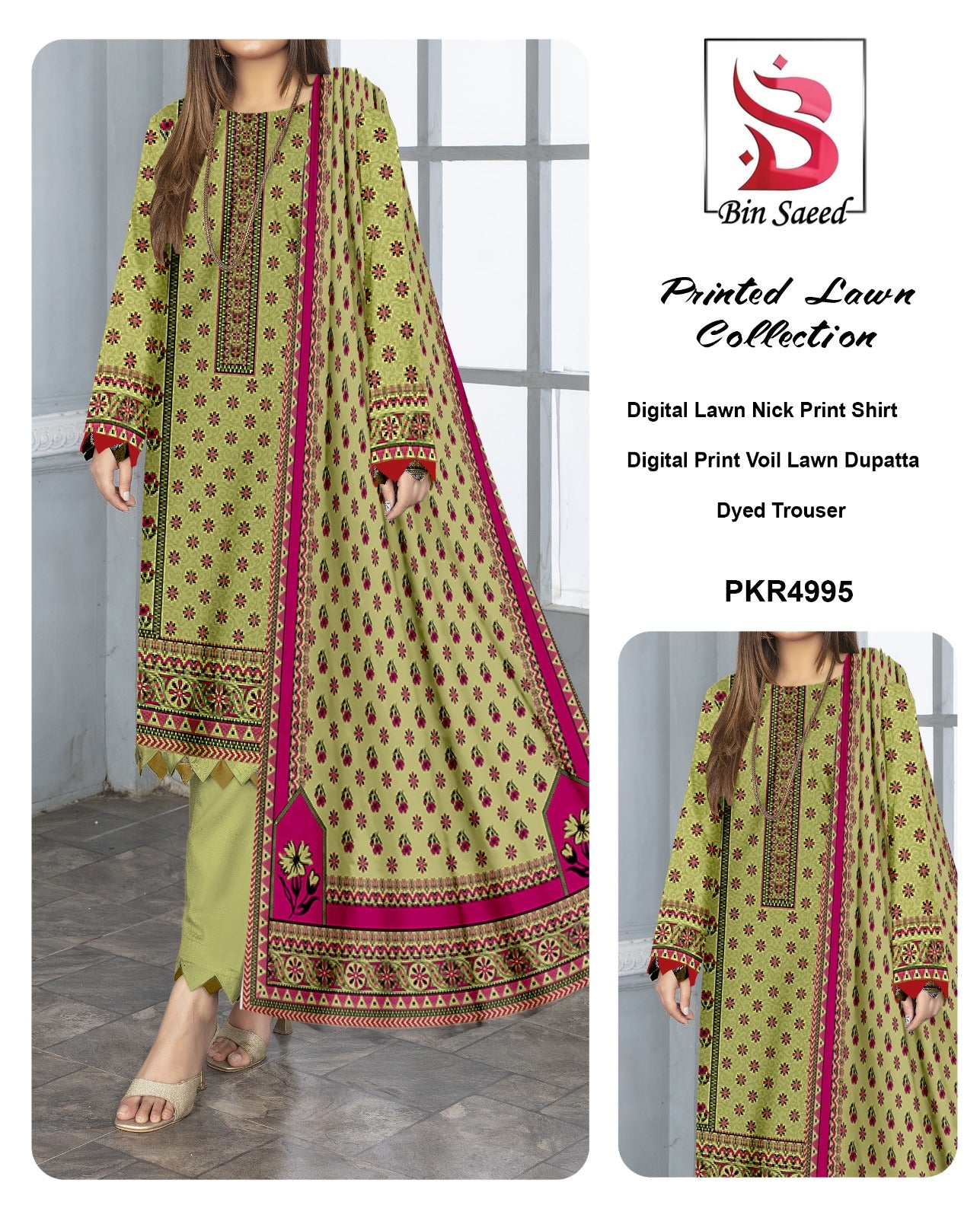 Bin Saeed Printed lawn Three Piece (Unstitched)
