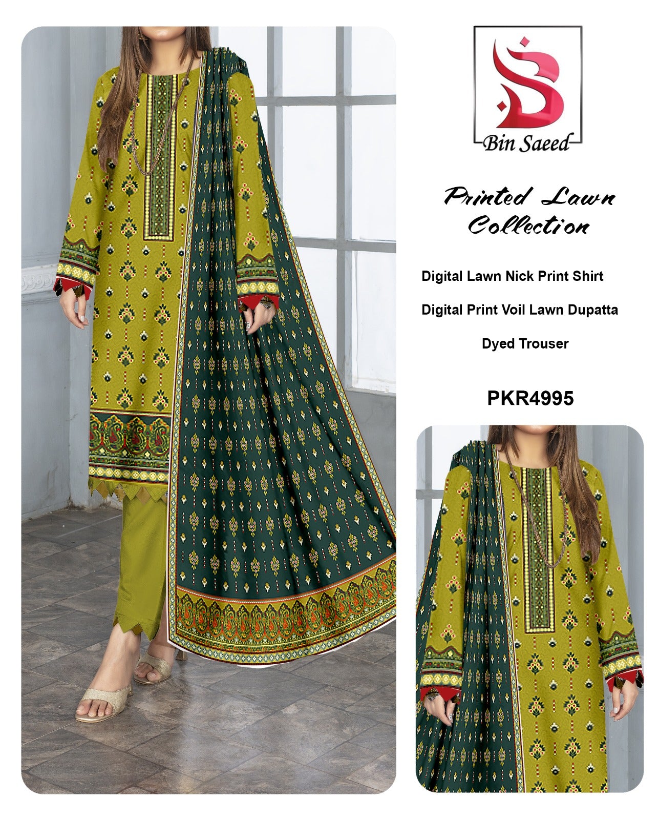 Bin Saeed Printed lawn Three Piece (Unstitched)