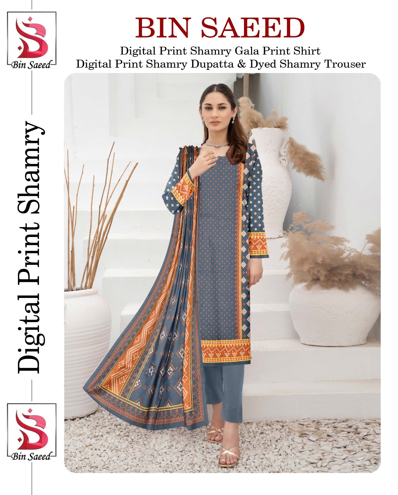 Bin Saeed Printed Shamray Three Piece (Unstitched)